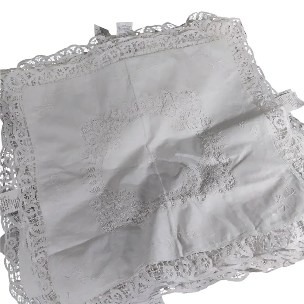 EXQUISITE CROCHET LACE & CUTWORK WHITE COTTON SQUARE EURO PILLOW SHAMS, PAIR-2!